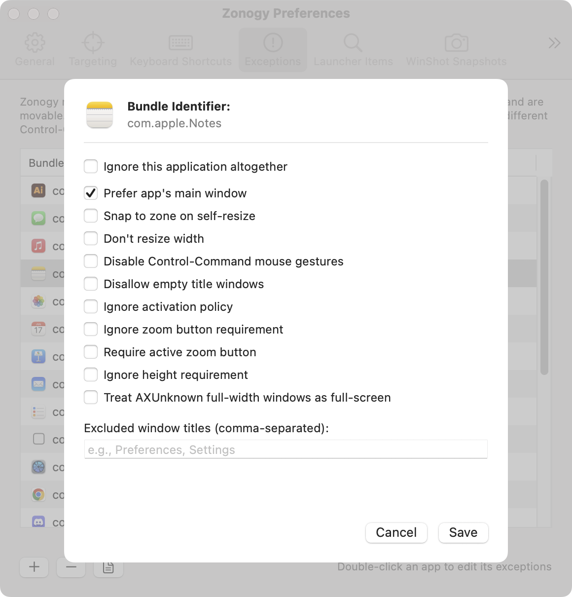 Per-app exception editor