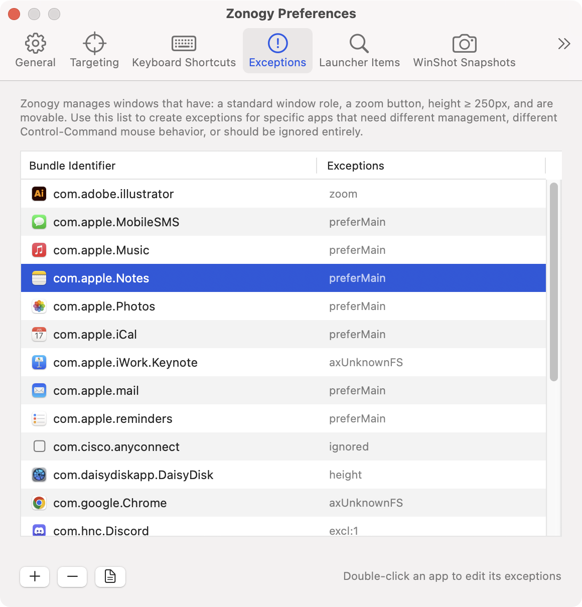 Exceptions preferences tab